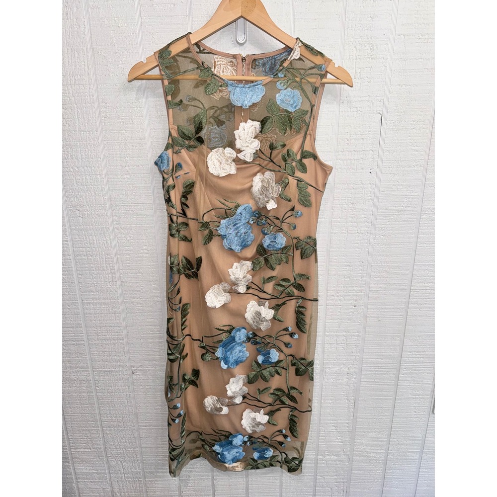 Calvin Klein Floral Embroidered Mesh Sheath Dress Women Nude Blue 8